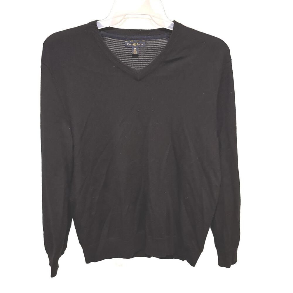 Club Room Men's Black Merino Wool & Acrylic V-Neck Sweater - Medium